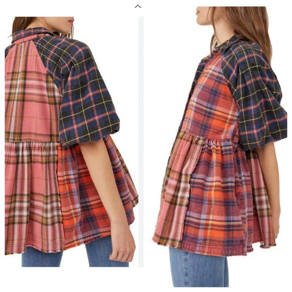 Free People Blouse Oversize Moon Bay Mixed Plaid Flannel Berry Combo - Picture 3 of 11